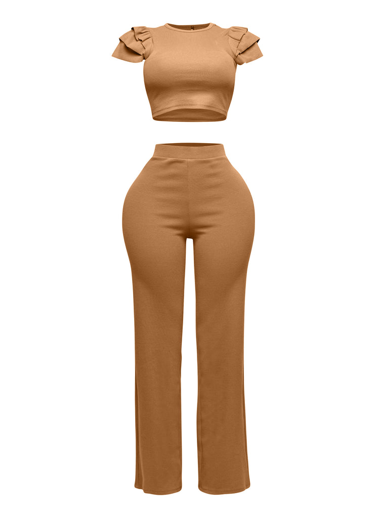 Ruffled shoulder top and pants set