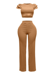 Ruffled shoulder top and pants set