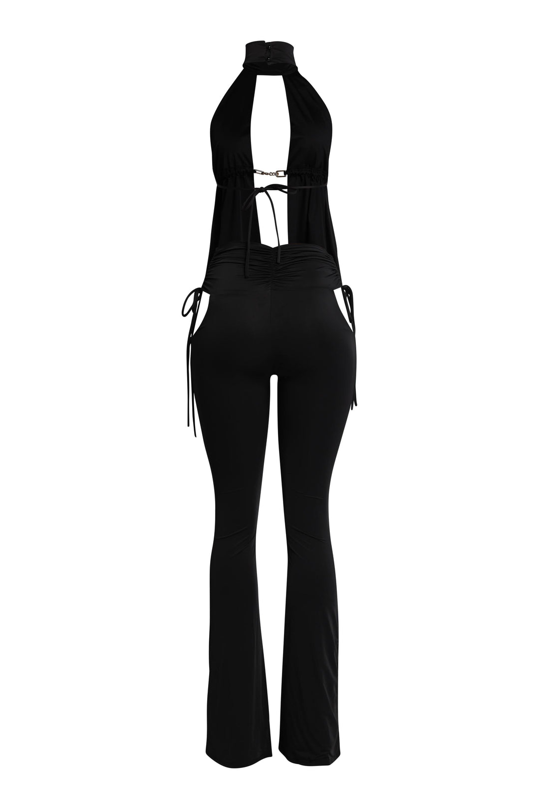 Rear view of black flare pant set with fitted silhouette and open-back halter


