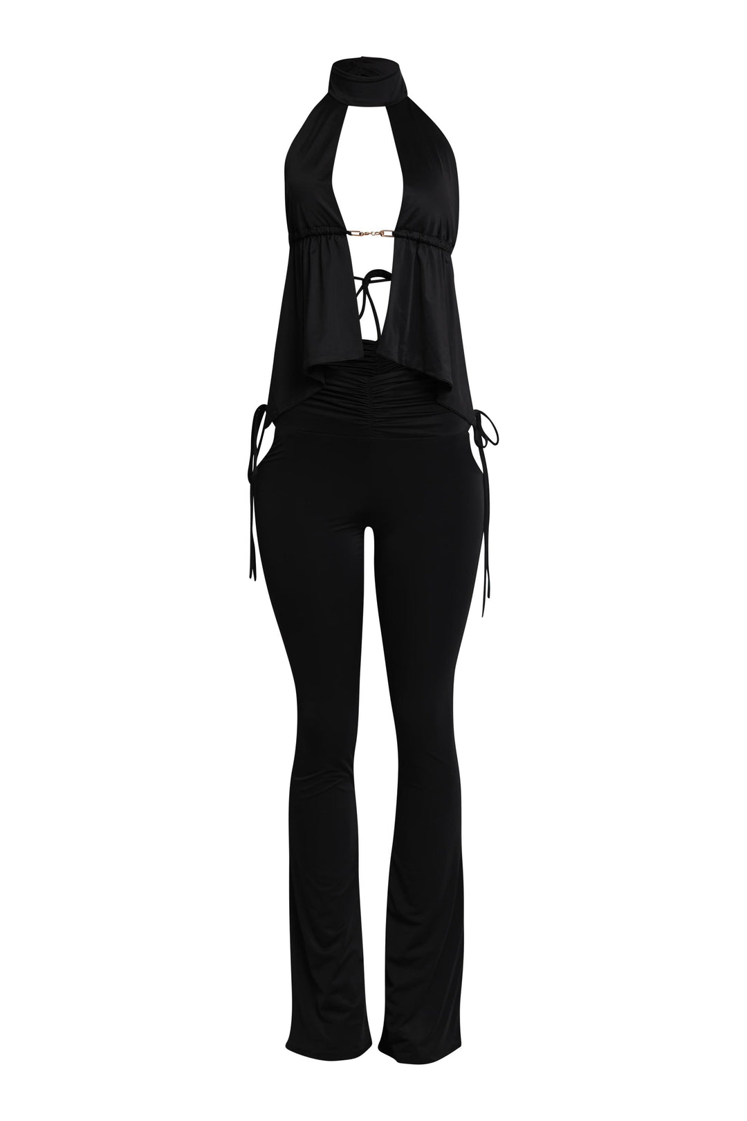 Black halter cutout top with tie front paired with high rise flared pants

