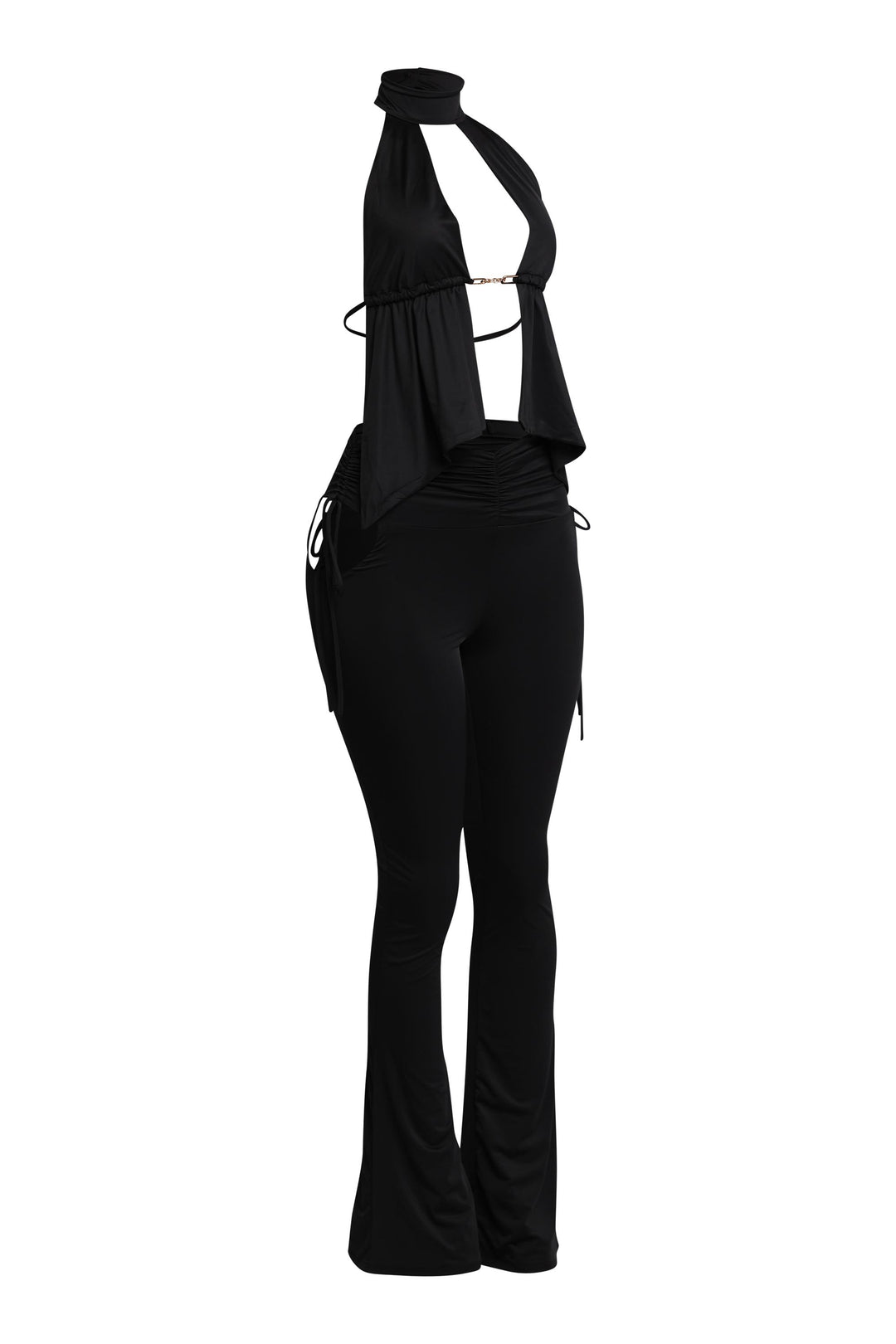 Sleek black two-piece with deep V halter top and stretchy flare trousers

