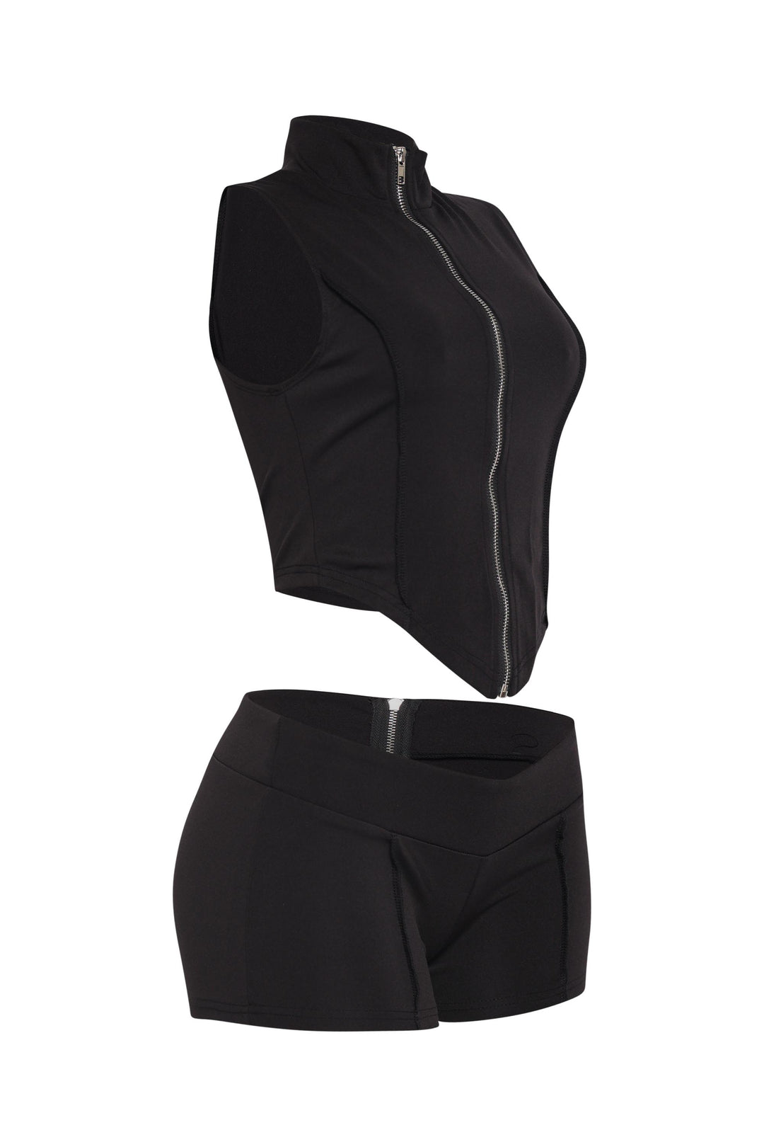 Sporty black zip two piece set with mock neckline and stretch shorts