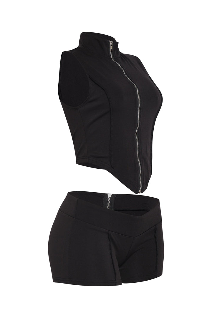 Sporty black zip two piece set with mock neckline and stretch shorts