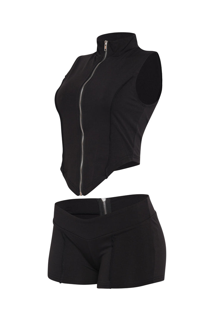 Full zip bodycon black tank and shorts combo for summer
