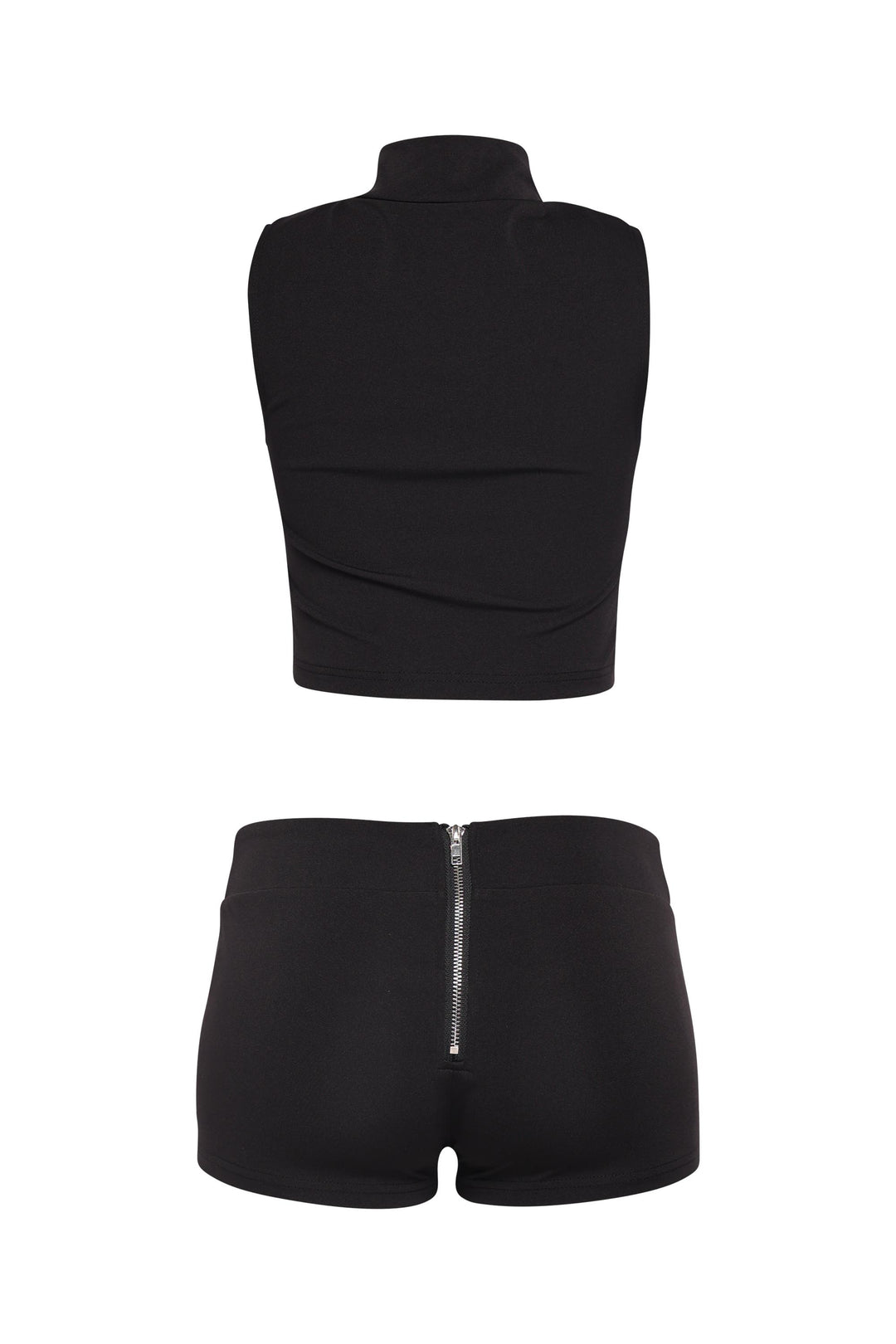  Edgy black front-zip top and matching shorts outfit