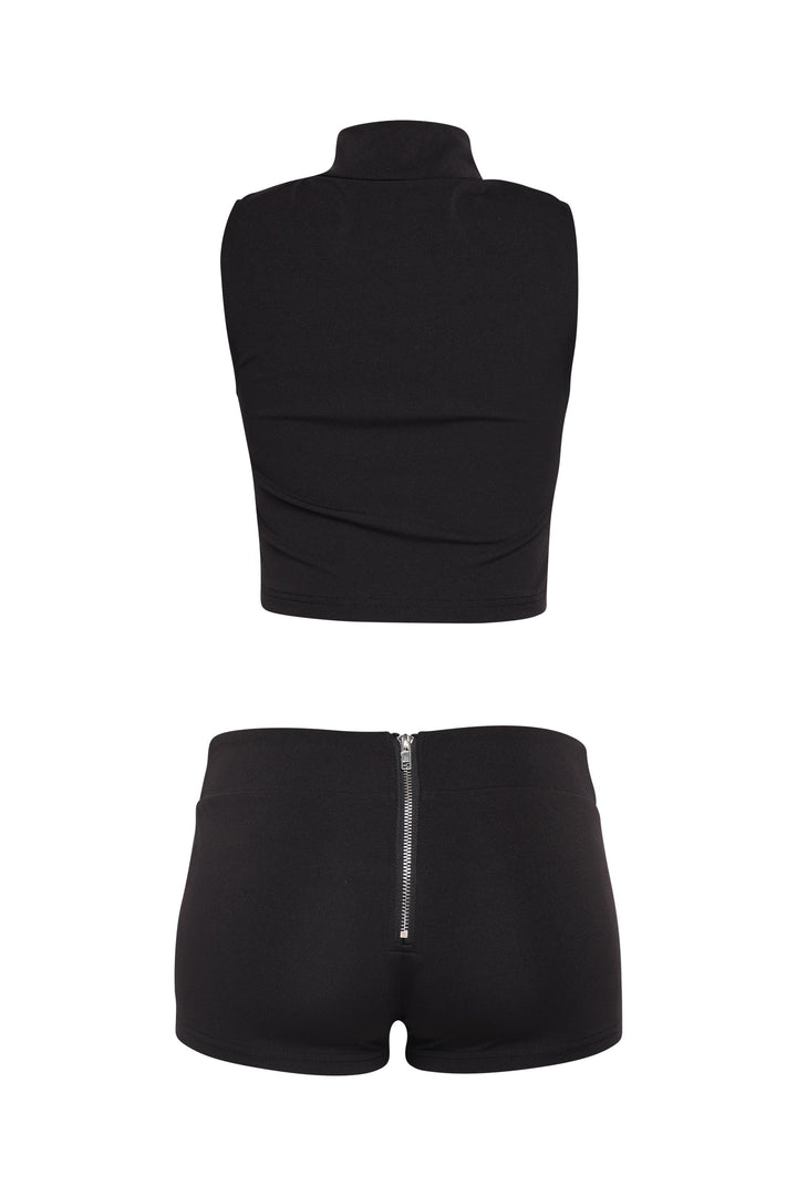  Edgy black front-zip top and matching shorts outfit