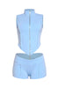 Blue mockneck zip front tank and matching fitted shorts
