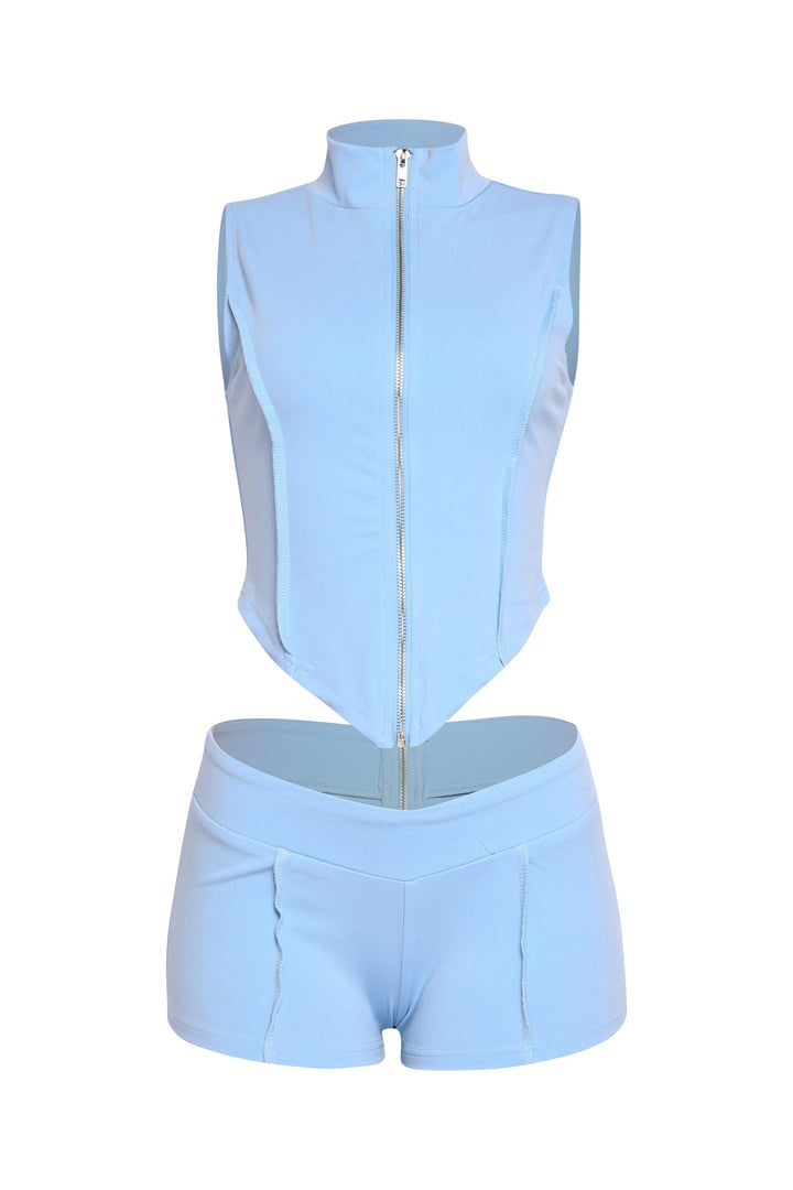 Blue mockneck zip front tank and matching fitted shorts