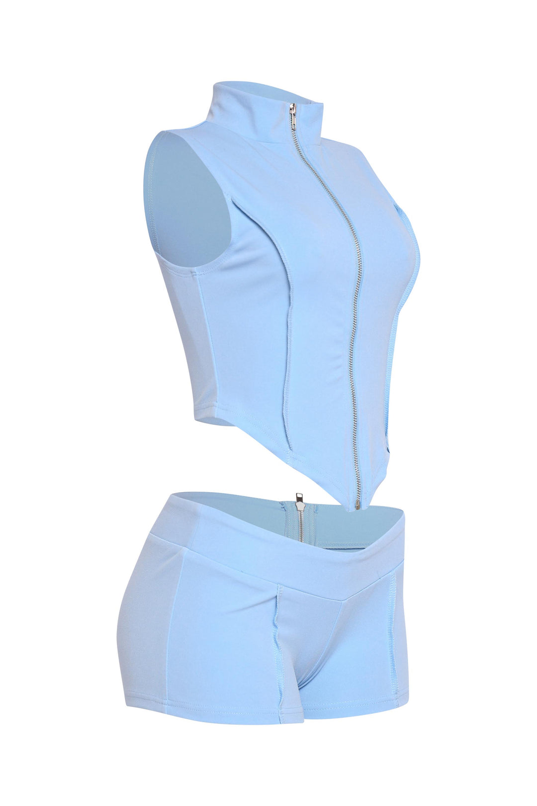 Blue two piece zip set with mockneck top and curve fit