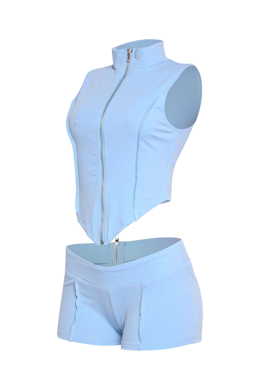 • Light blue full zip tank and shorts outfit with sleek silhouette


