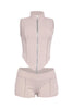 Grey mockneck bodycon zip set with sleeveless top and shorts