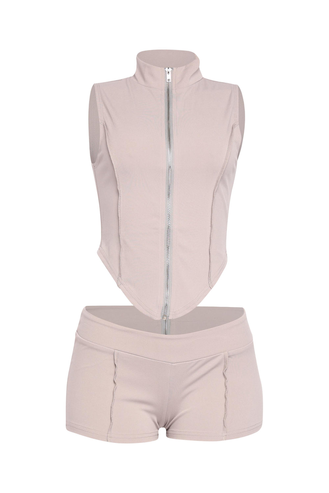Grey mockneck bodycon zip set with sleeveless top and shorts