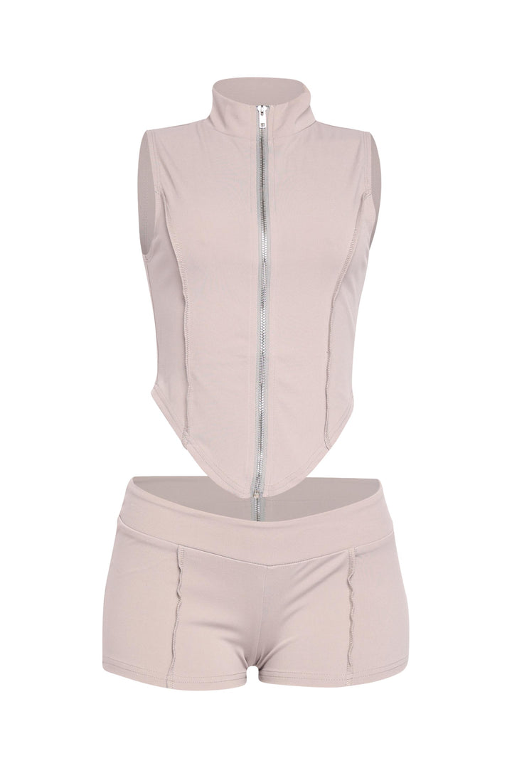 Grey mockneck bodycon zip set with sleeveless top and shorts
