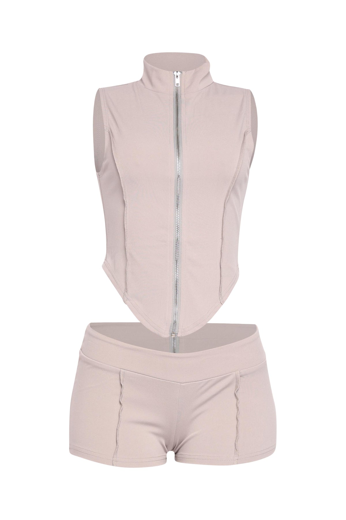 Grey mockneck bodycon zip set with sleeveless top and shorts
