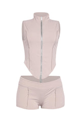 Grey mockneck bodycon zip set with sleeveless top and shorts