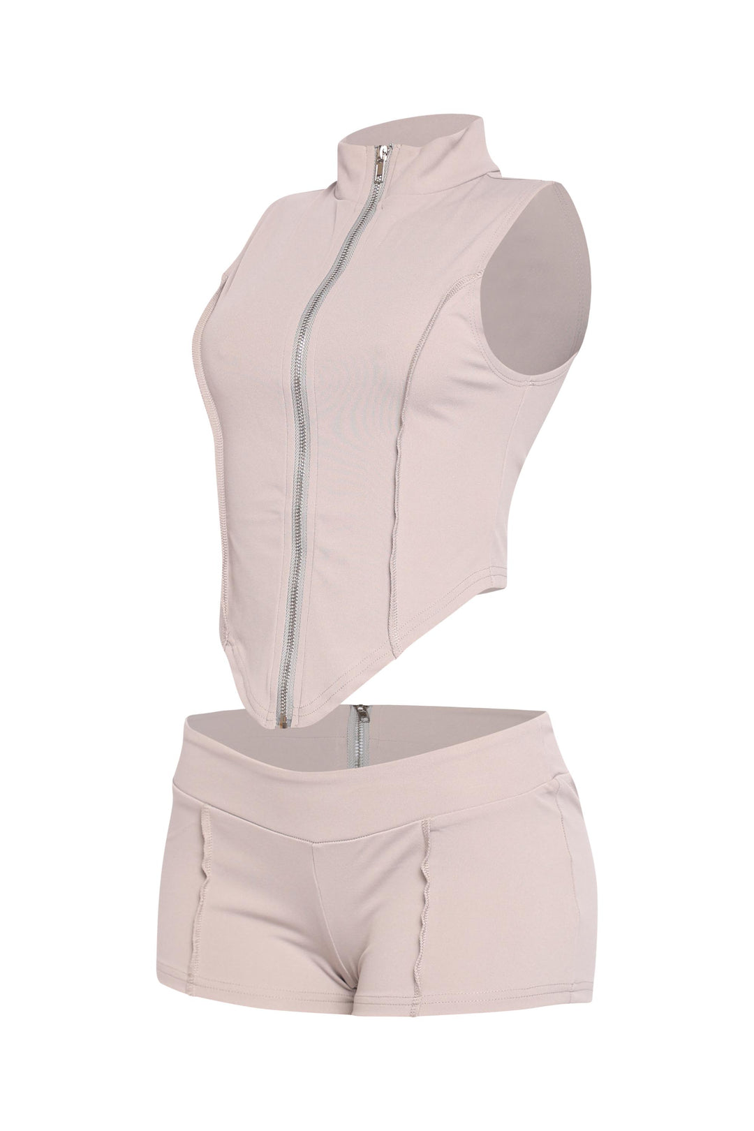 Soft grey zip front tank and shorts in sleek bodycon shape