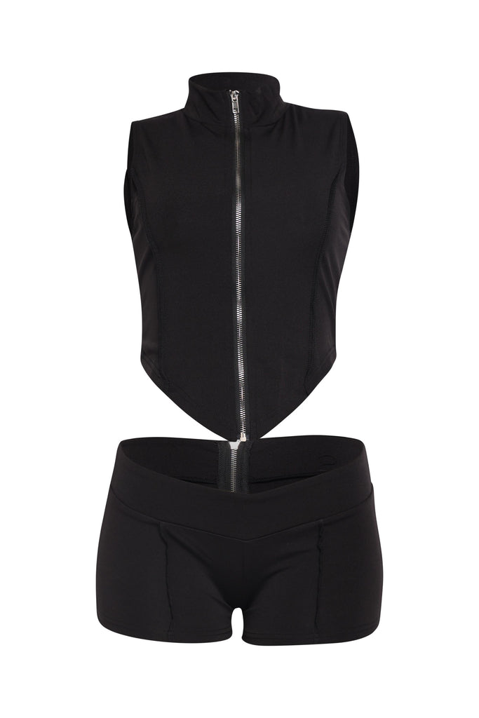  Black mockneck zip front tank and short set in bodycon fit