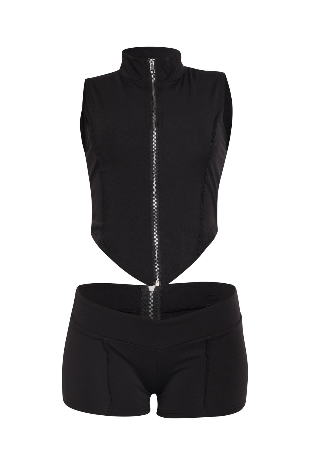  Black mockneck zip front tank and short set in bodycon fit