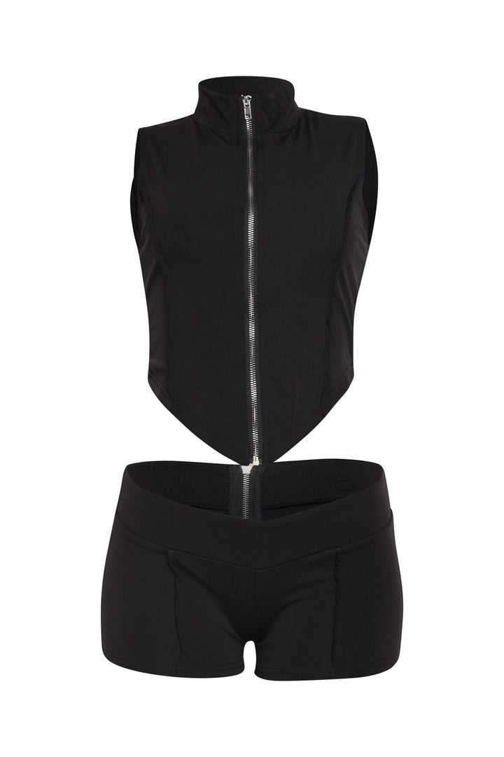  Black mockneck zip front tank and short set in bodycon fit
