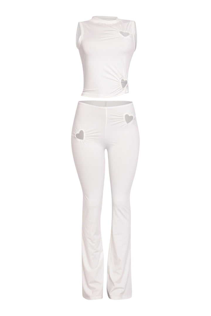 Off white heart cutout crop top with flare pants set