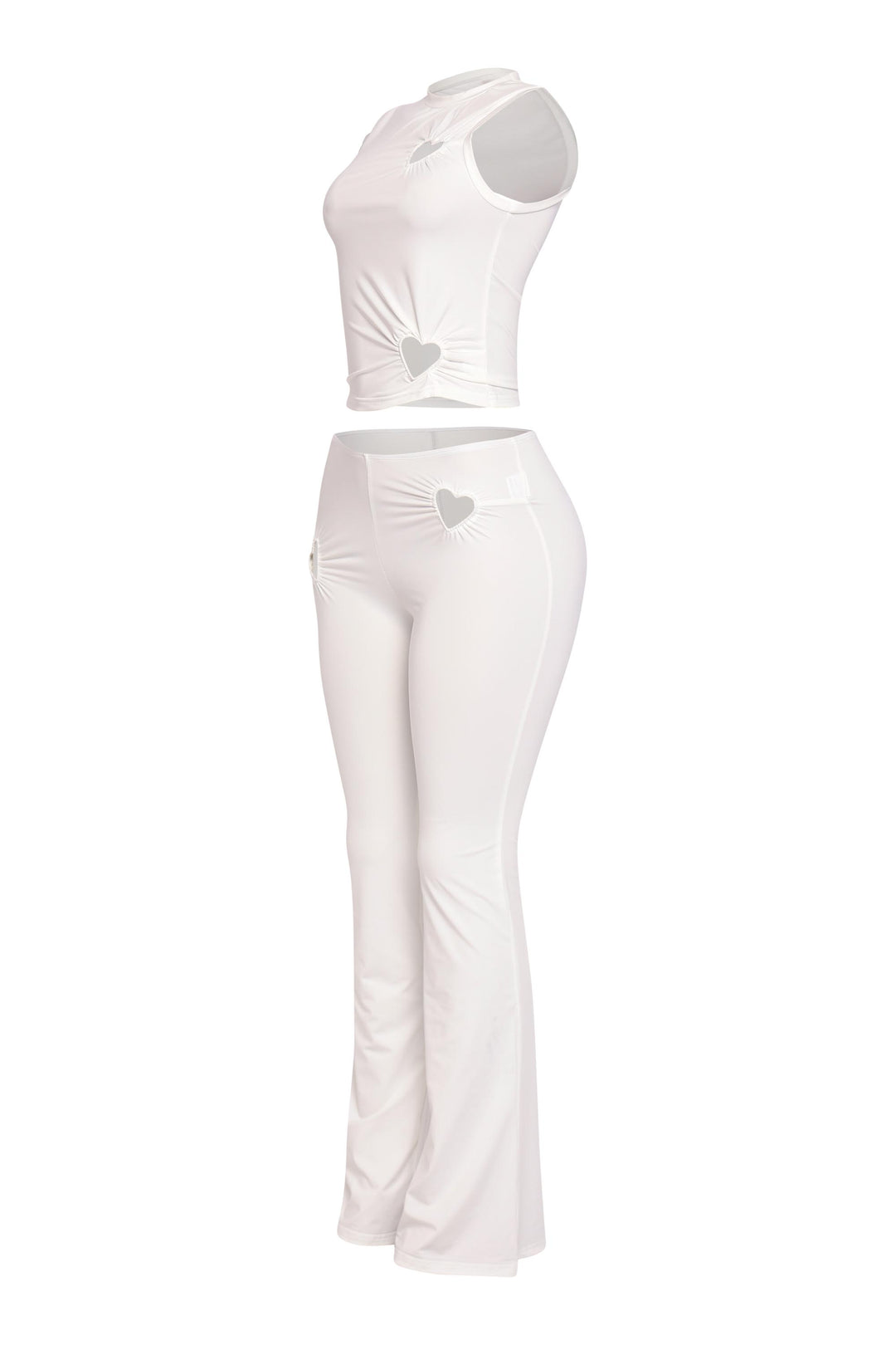 Ivory white crop and flare set with heart-shaped front detail

