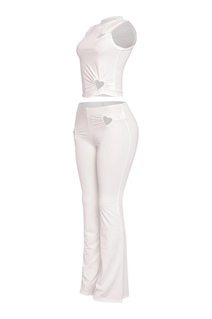 Ivory white crop and flare set with heart-shaped front detail

