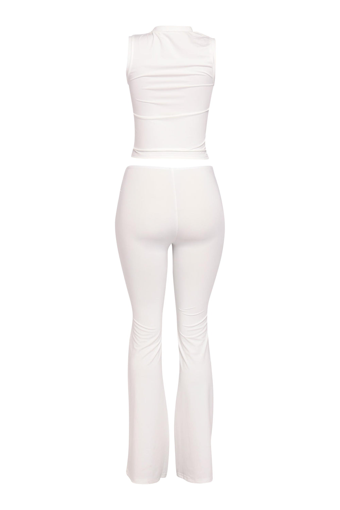 Neutral cream flared pant set with mockneck crop top