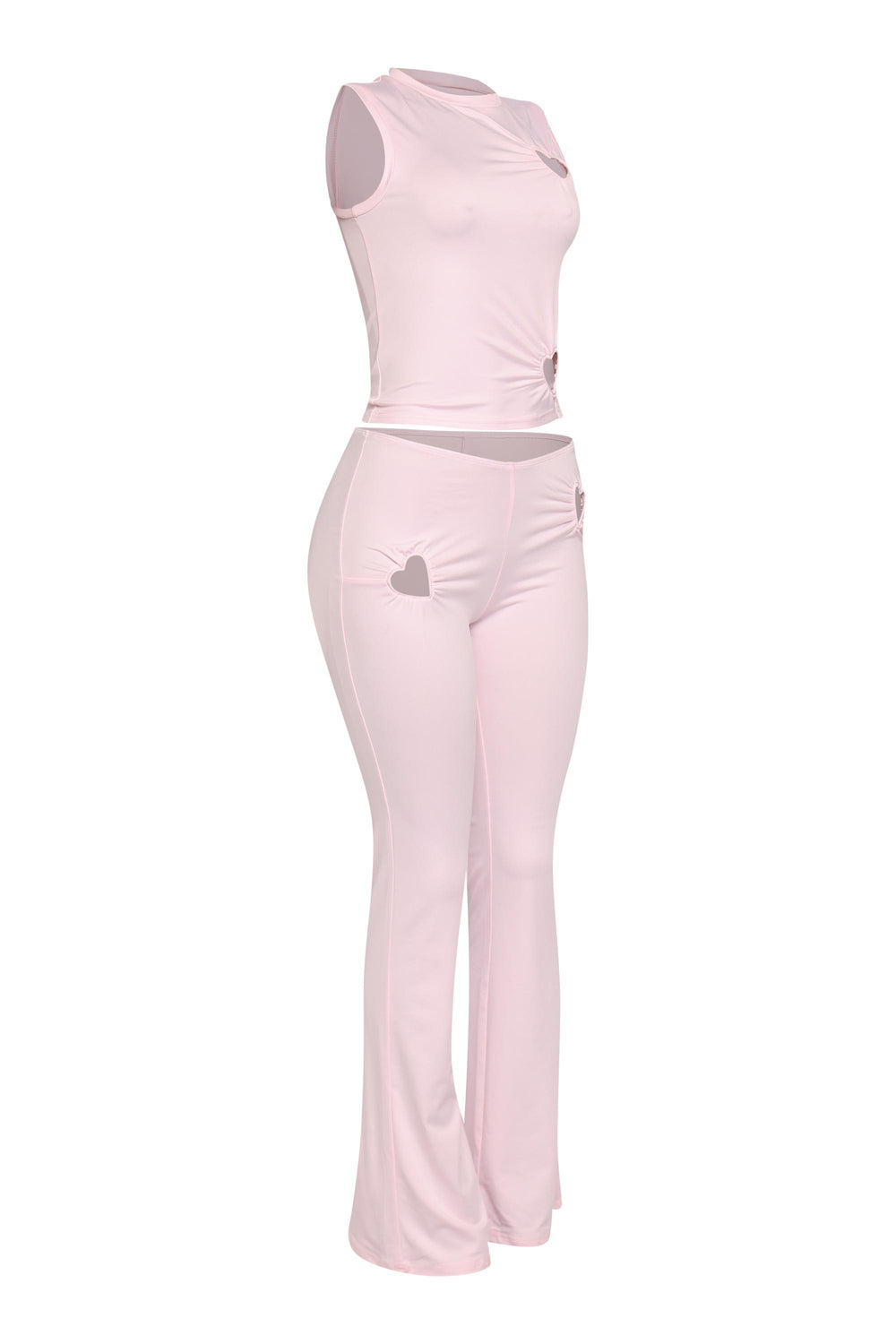 • Romantic pink flare set with sleeveless mockneck crop top
