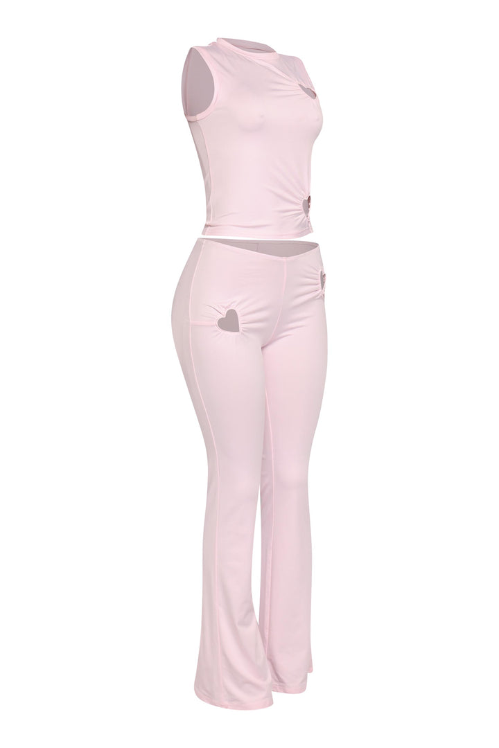 • Romantic pink flare set with sleeveless mockneck crop top
