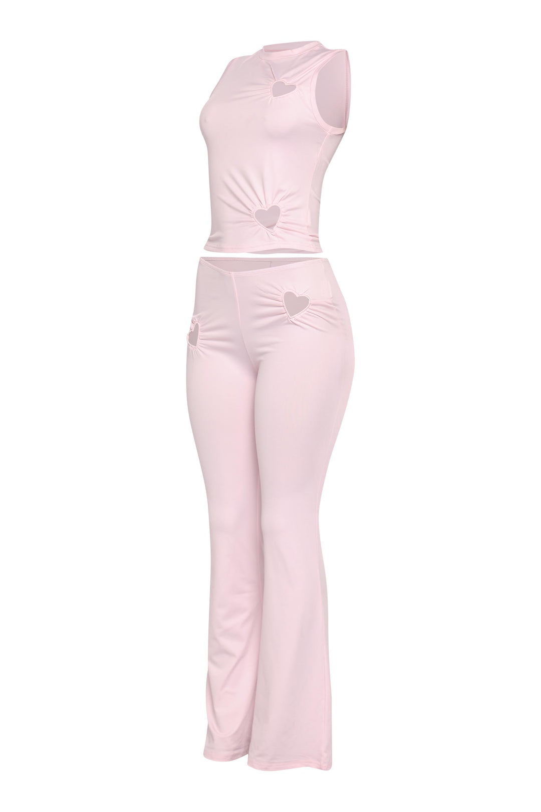 Stretchy blush pink flared pants outfit with heart tank