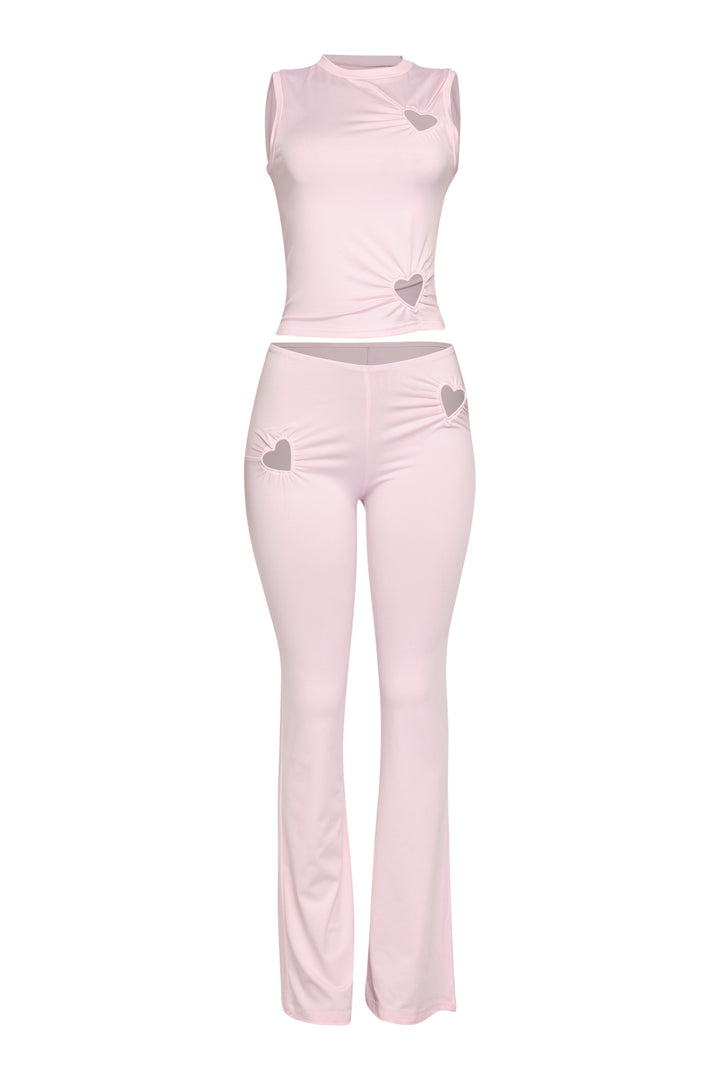 • Light pink heart cutout tank top with high waist flared pants
