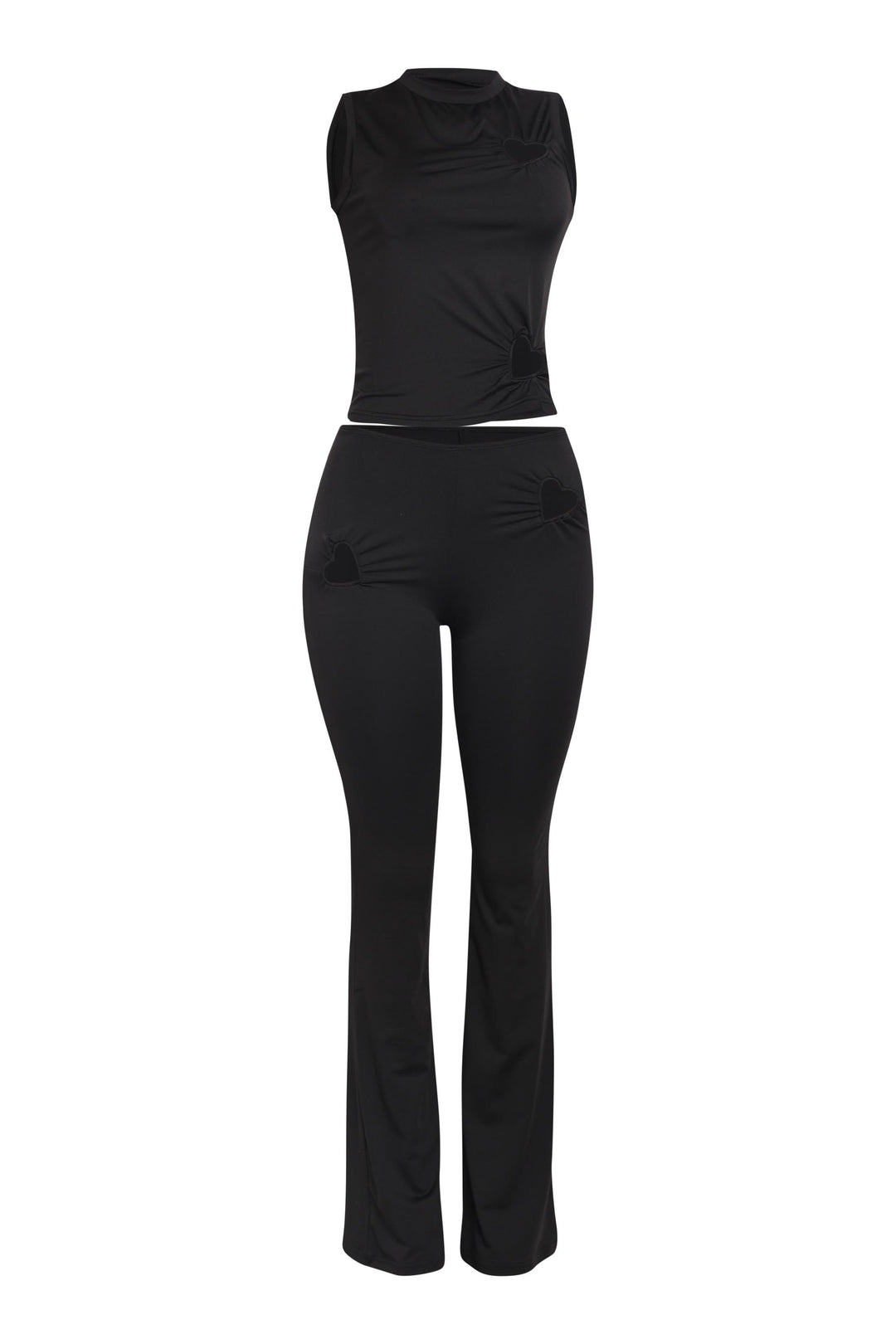 Black heart cutout crop tank with matching flared pants set