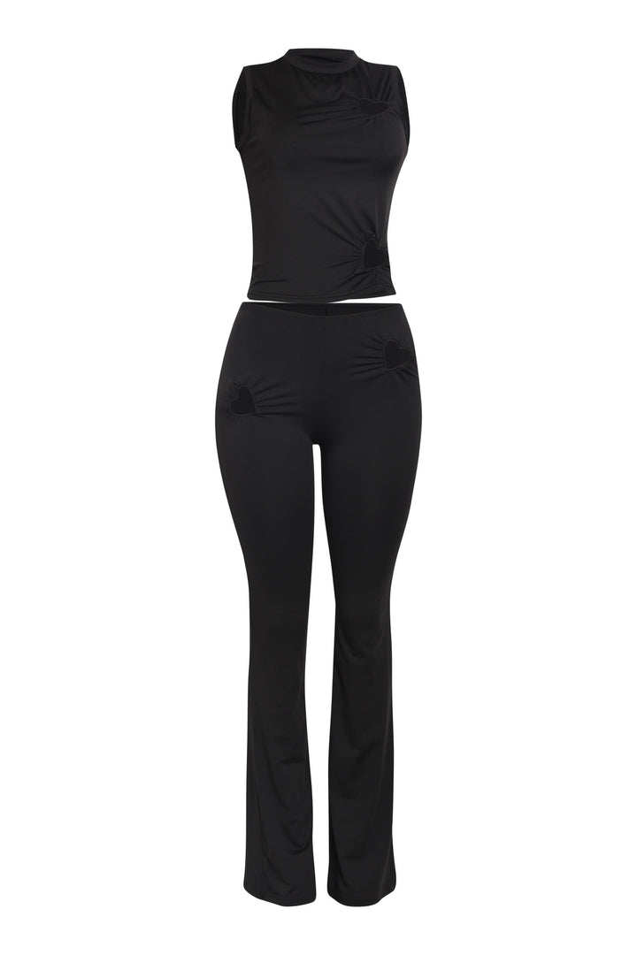 Black heart cutout crop tank with matching flared pants set