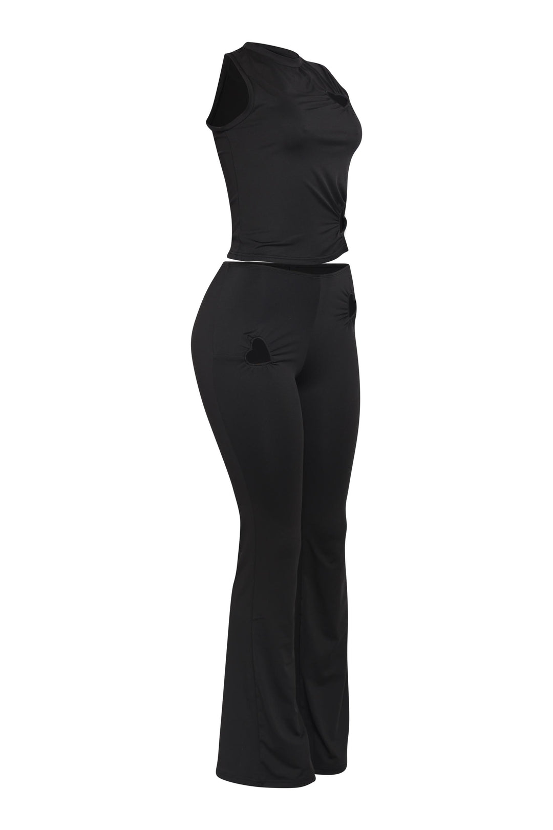 Sleek black two piece with mockneck top and wide leg pants