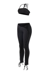 Minimal black lace up pant set with open lace detail and stretch