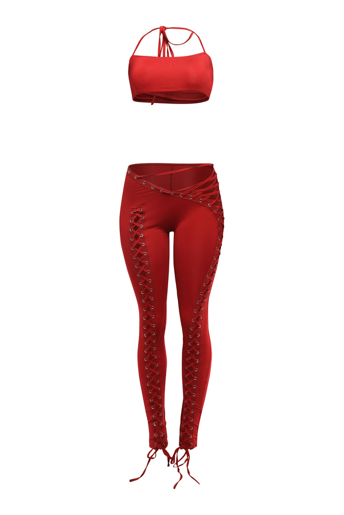 Red lace up pant set with halter crop top and slim fit ankle pants