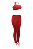 Bold red two piece outfit featuring lace up pants and crop top