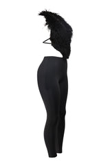 Black slim-fit leggings with faux fur halter top
