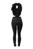 Black party outfit with open back and faux fur