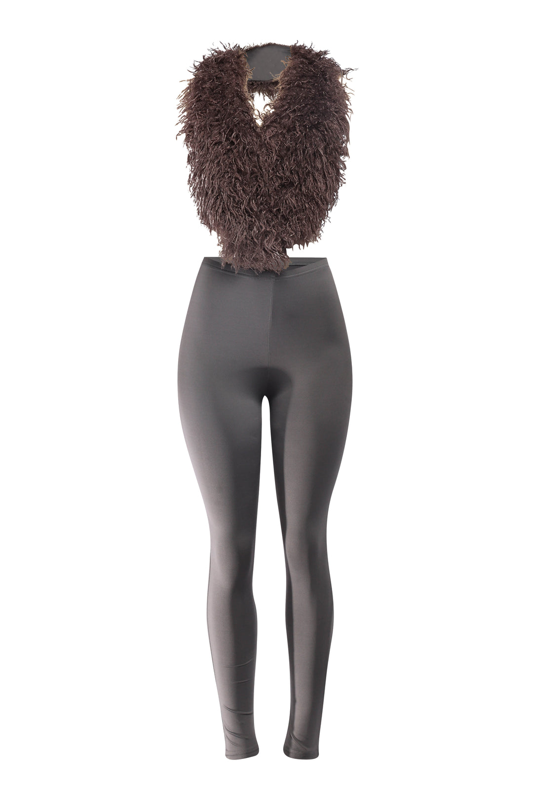 Grey faux fur top and leggings set with open back