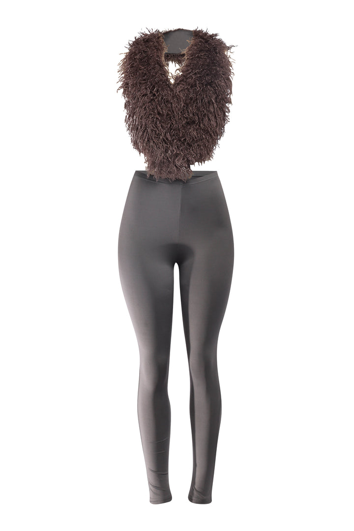 Grey faux fur top and leggings set with open back