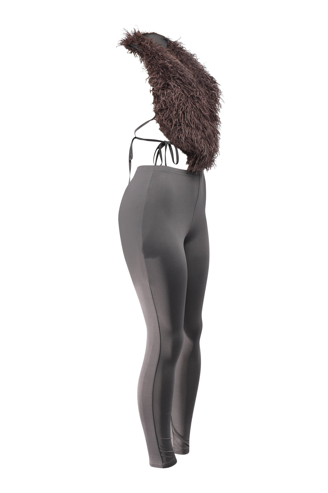 Grey slim-fit leggings with faux fur halter top
