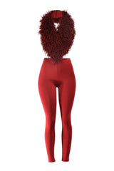 Burgundy faux fur top and leggings set with open back