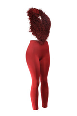 Burgundy slim-fit leggings with faux fur halter top