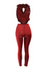 Burgundy faux fur outfit with bold open back