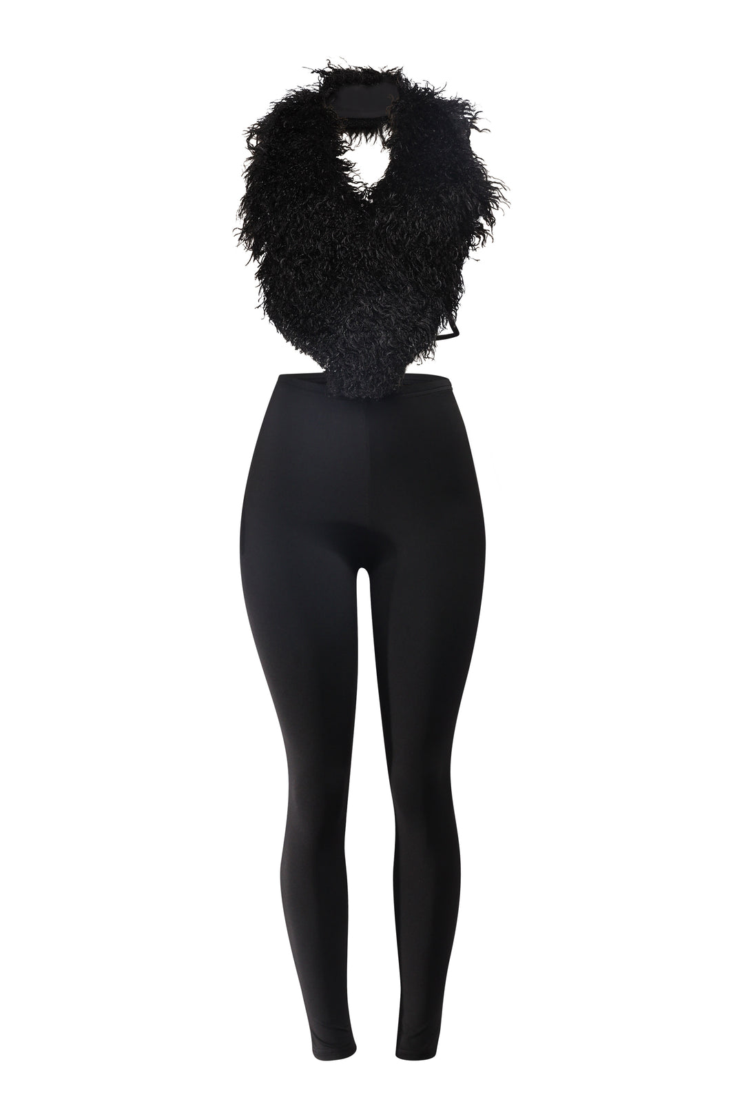 Black faux fur top and leggings set with open back