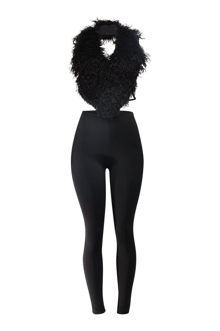 Black faux fur top and leggings set with open back