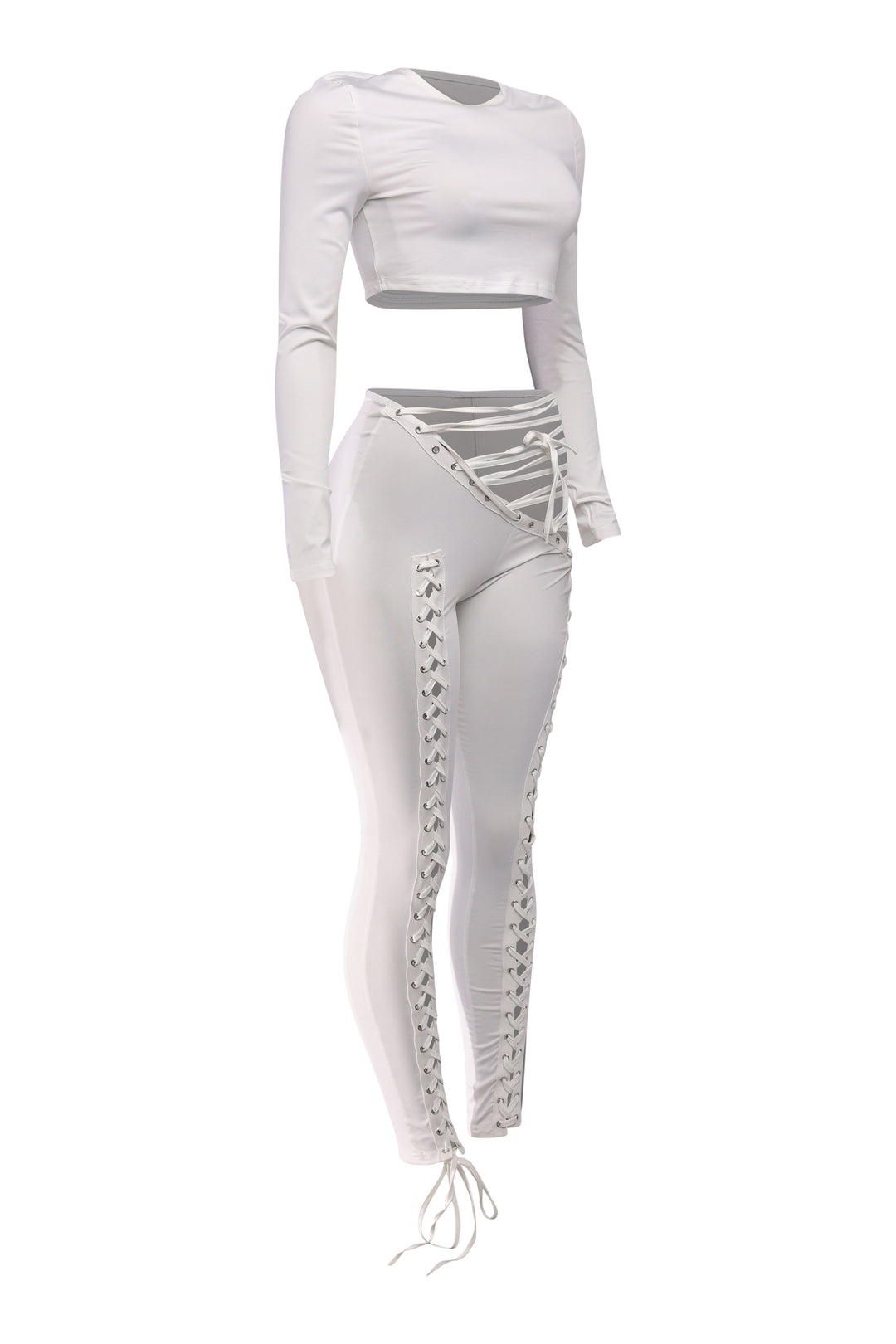 Ivory slim-fit two-piece outfit with lace-up detail