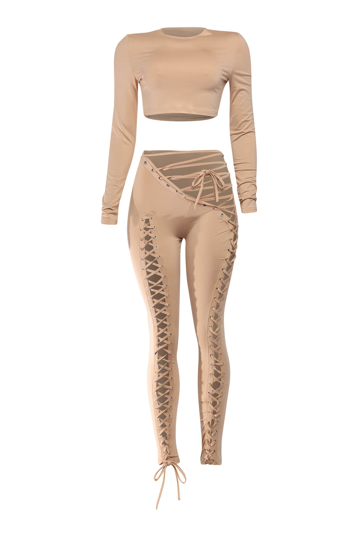 Mocha lace-up pants and crop top set