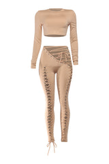 Mocha lace-up pants and crop top set